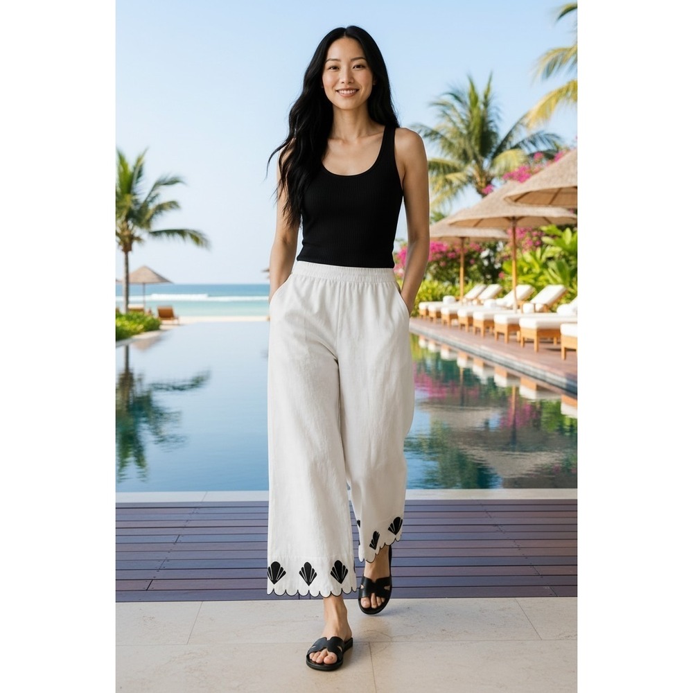 Calypso White Wide‎ Leg Linen Pants Embroidered Shells Scalloped Hem Pull On XL